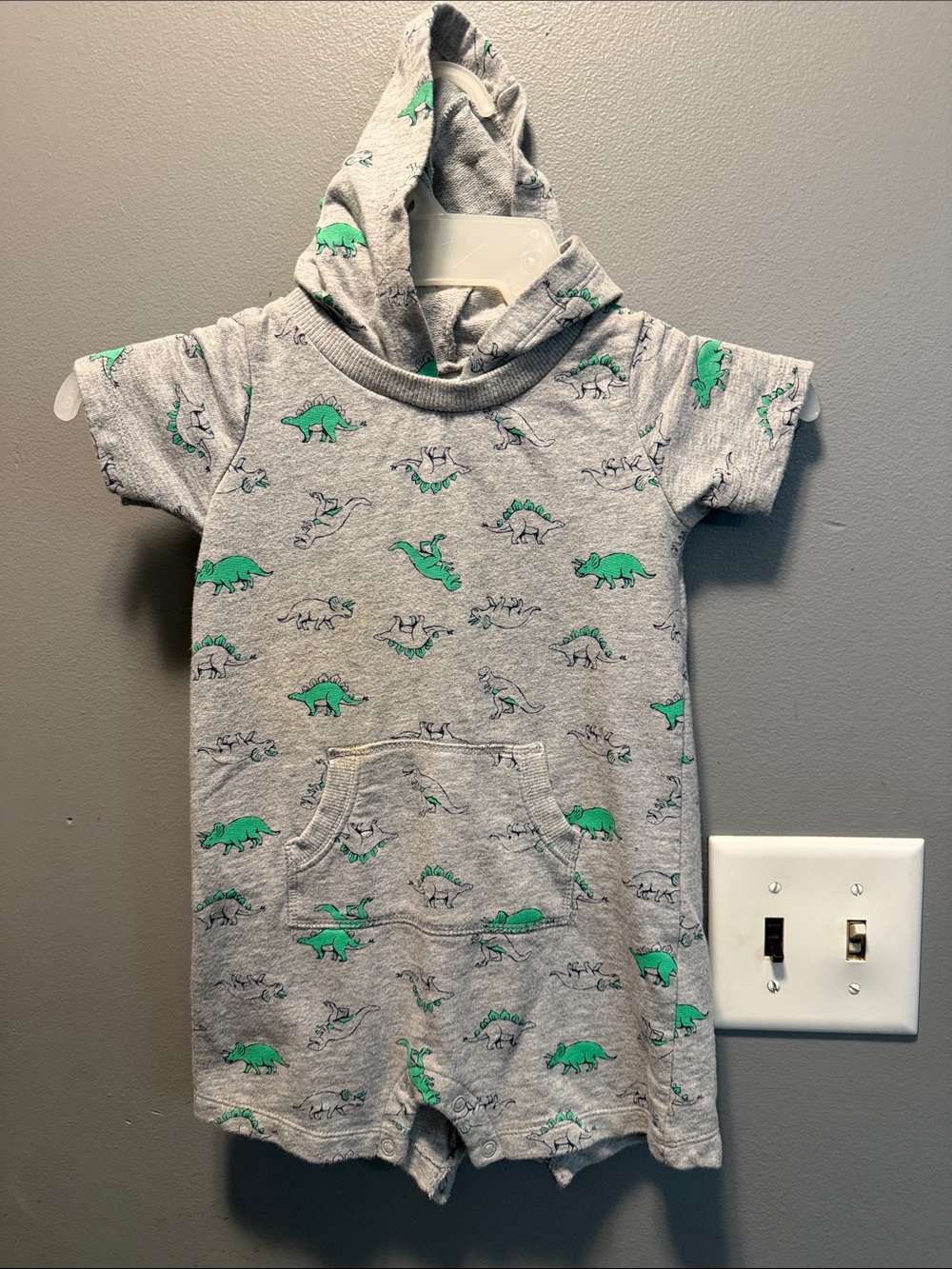 Carter's Gray Hooded Romper with Green Dinosaur Print